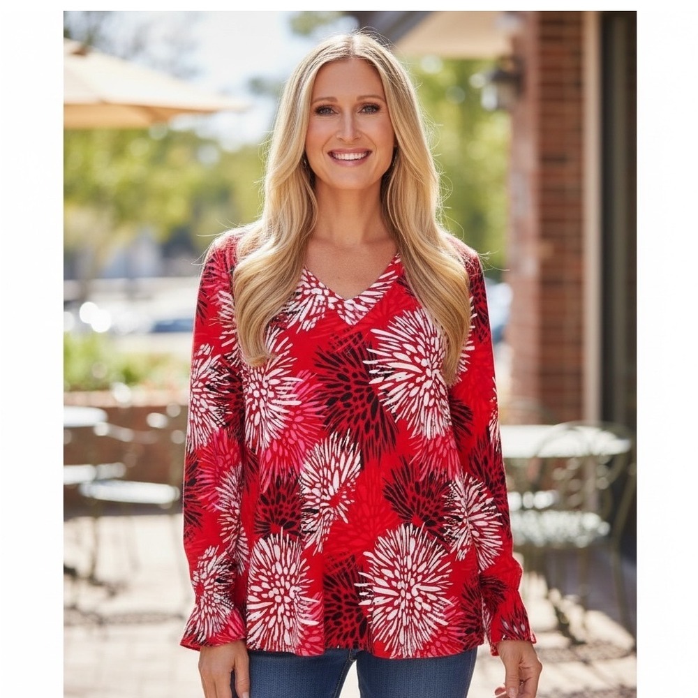 Pappagallo Red Pink Abstract Floral V-Neck Blouse Long Sleeve Flared Cuff Medium